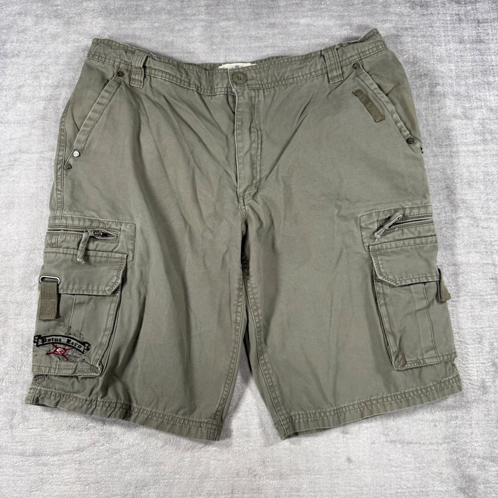 Point Zero Shorts Mens 36 Olive Green Cargo Multi Pocket Y2K Embroidered Rugged